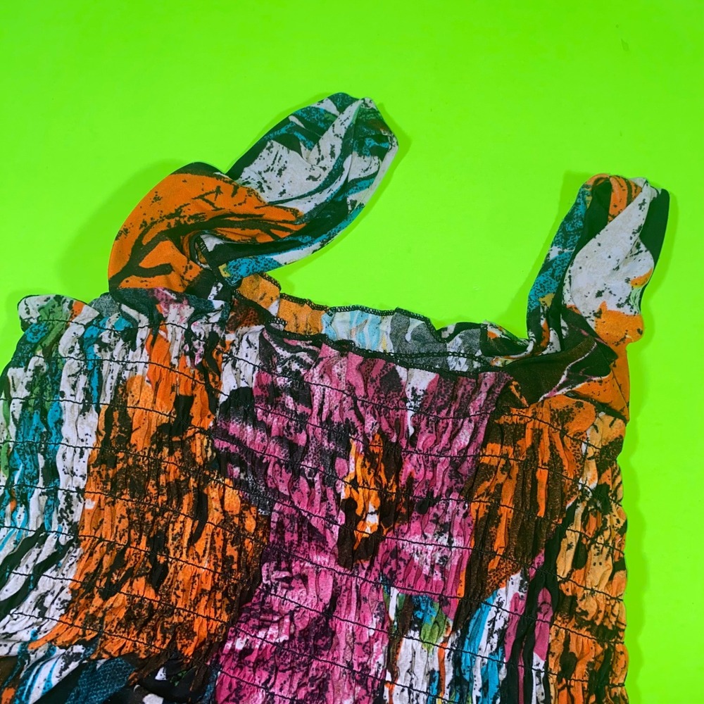 Walgreens XL‎ Smocked Tank Dress Abstract Floral Print Orange Pink Blue Women